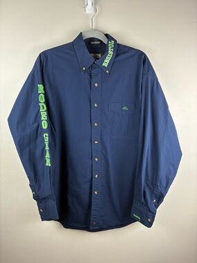 Resistol Rodeo Gear Men’s Button Up Western Shirt Navy Cowboy Logo Sz Medium